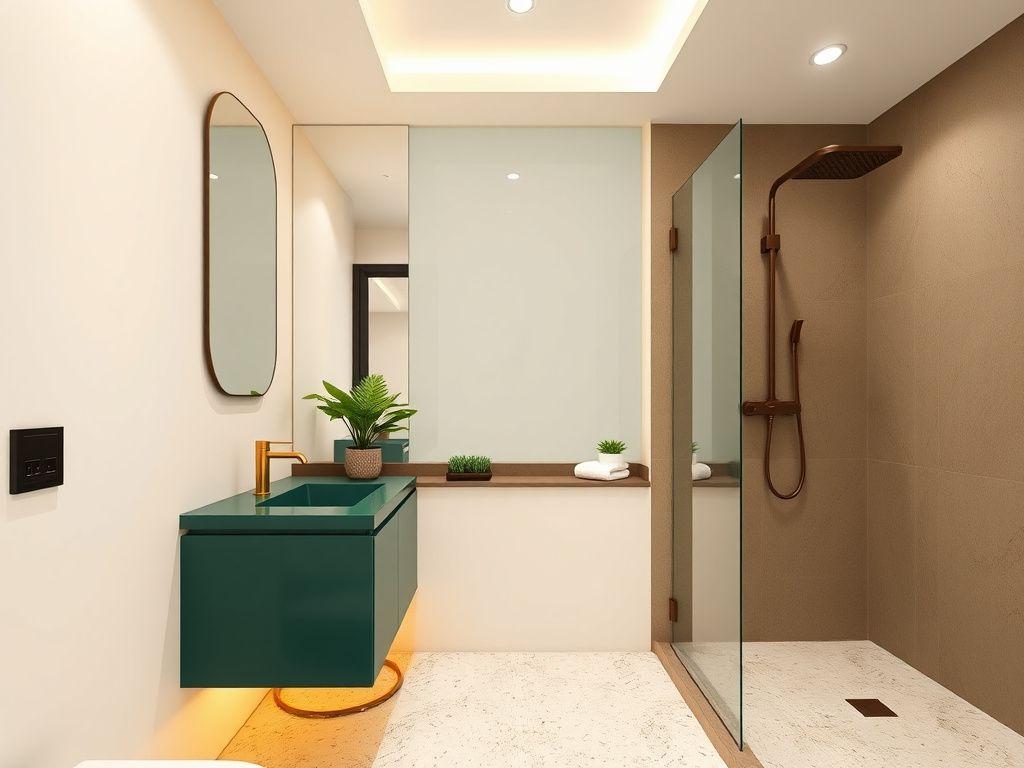 Newly renovated condominium bathroom in cream and emerald tones