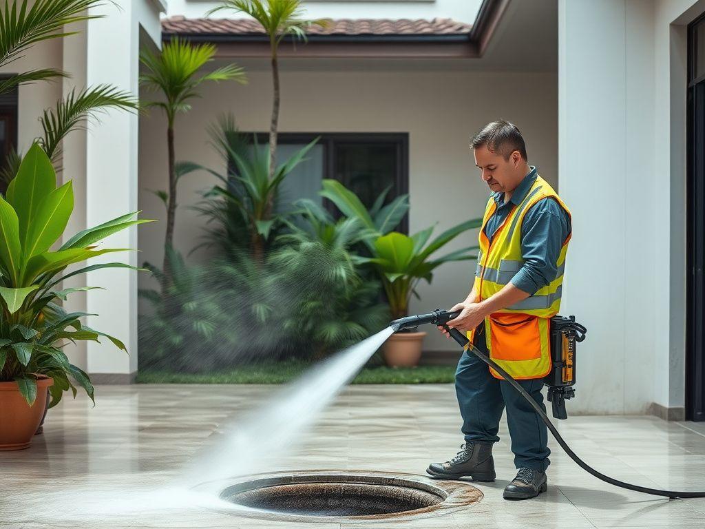 High-pressure water jetting wand clearing a residential drain