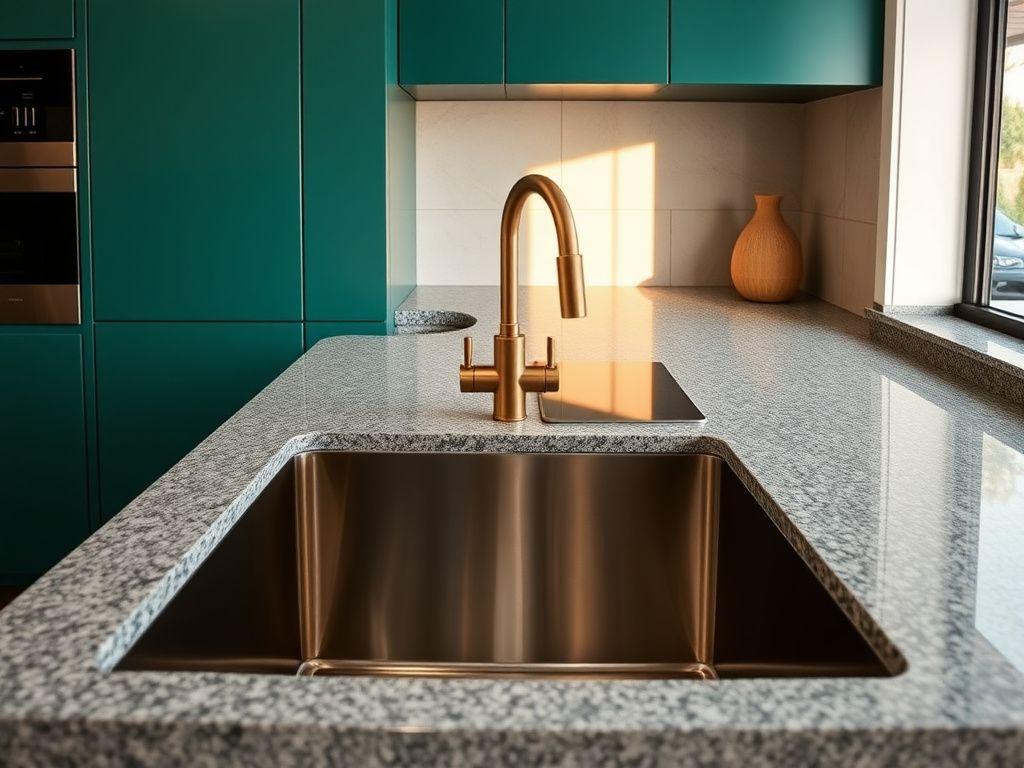Modern kitchen sink with brushed brass tap and tidy under-sink plumbing