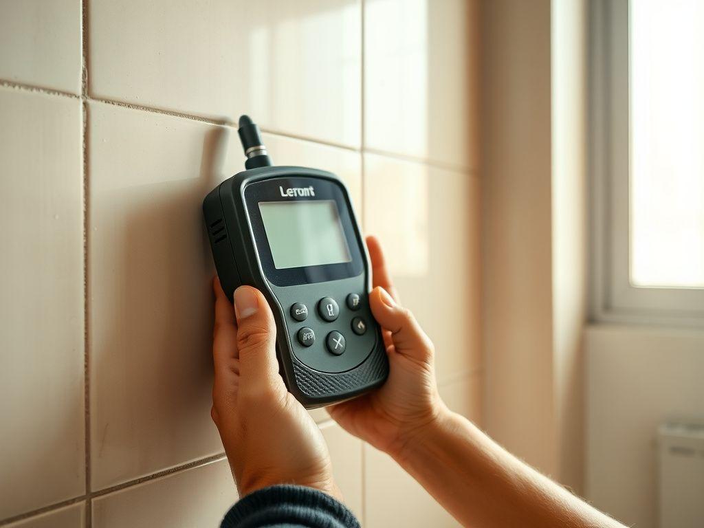 Technician holding an acoustic leak detection probe against tiled wall